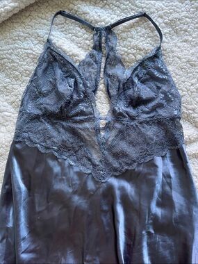 La Vie En Rose Greyish Blue Lace Satin Lingerie Mesh Dress Camisole